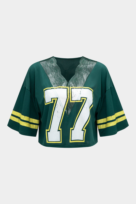 Stripe Letter Print Lace Trim Patchwork Short Sleeve T-Shirt