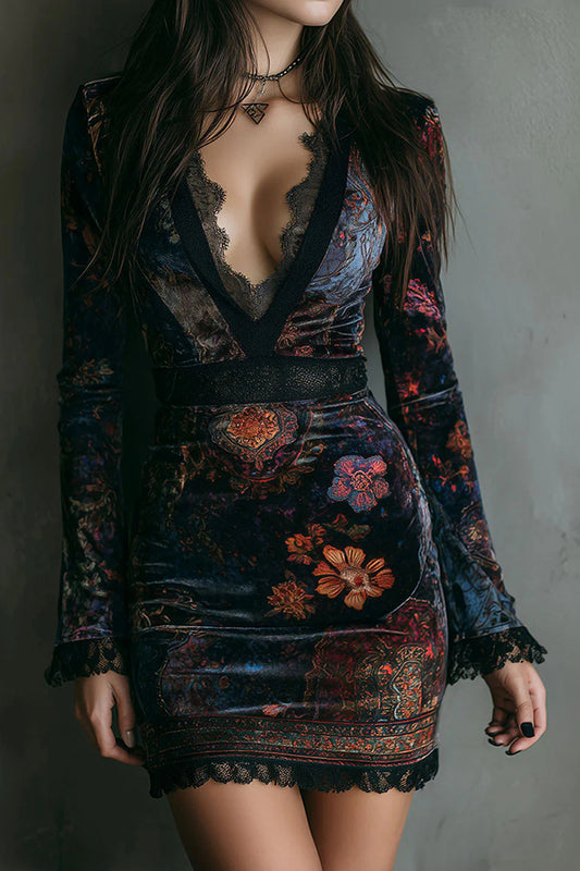Elegante minivestido ajustado de terciopelo con estampado floral, escote en V y manga larga 