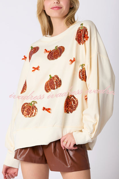 Sudadera informal holgada con bordado de calabaza colorida de Halloween 