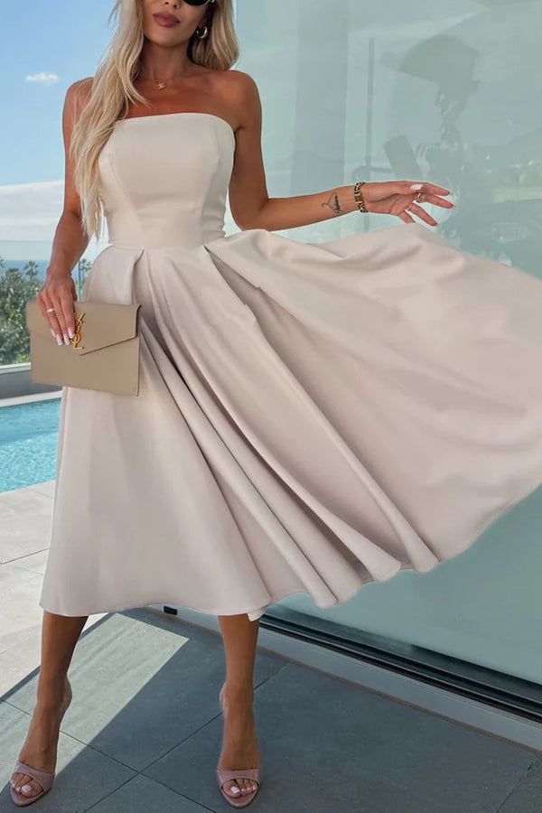 Sweet Cascade Solid Color Off Shoulder Pocket Full Hem Midi Dress