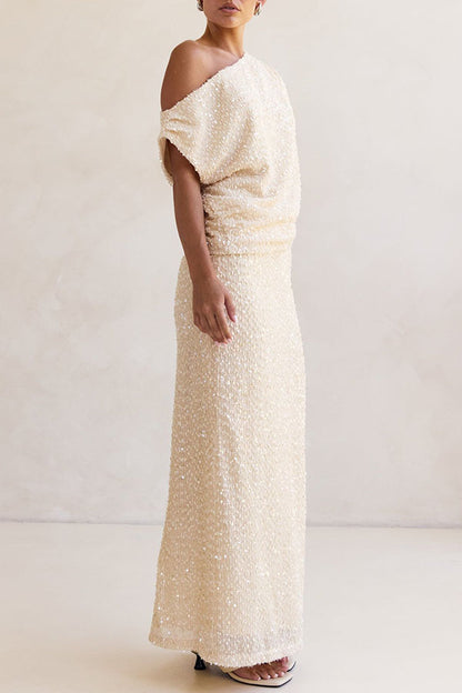 Milla Knit Sequin High Rise Side Zipper Slit Straight Maxi Skirt