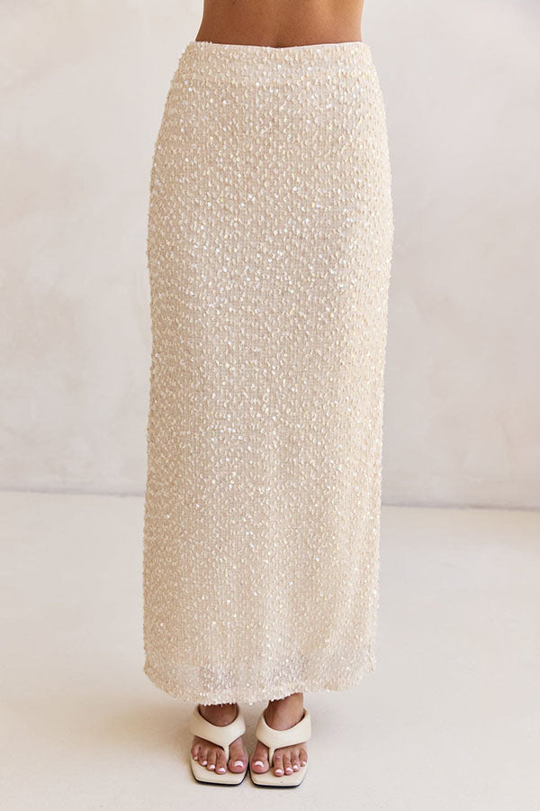 Milla Knit Sequin High Rise Side Zipper Slit Straight Maxi Skirt