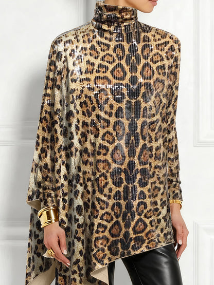 sheenchic Party Metallic Brown Leopard High Collar Long Sleeve Irregular Hem Elegant Sequin Blouses