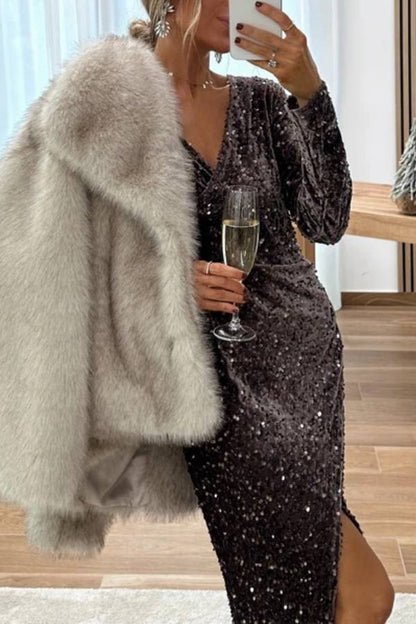 VESTIDO MIDI DE LENTEJUELAS CHOCOLATE 