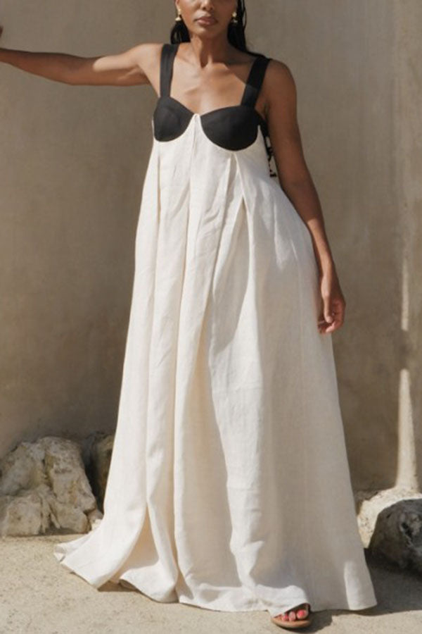 Jordina Linen Blend Colorblock Cups Backless Tie-up Loose Maxi Dress