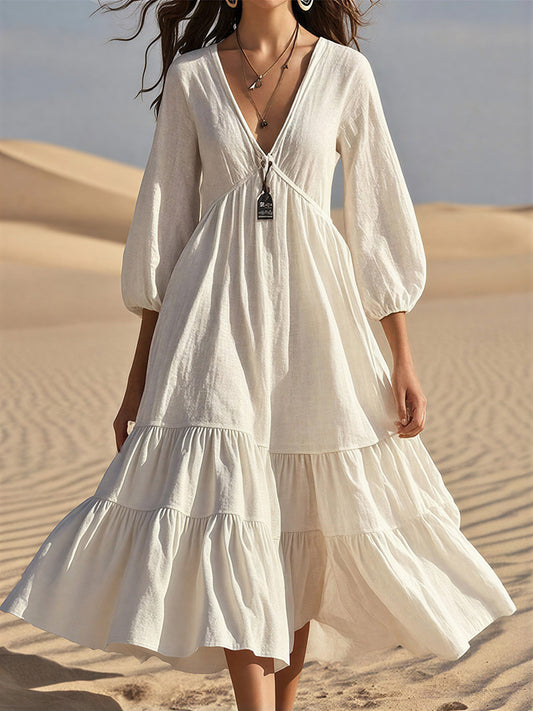 sheenchic Vacation Beige V Neck Puff Sleeve 3/4 Sleeve Ruffle Casual Linen Midi Dresses [Pre-Order]