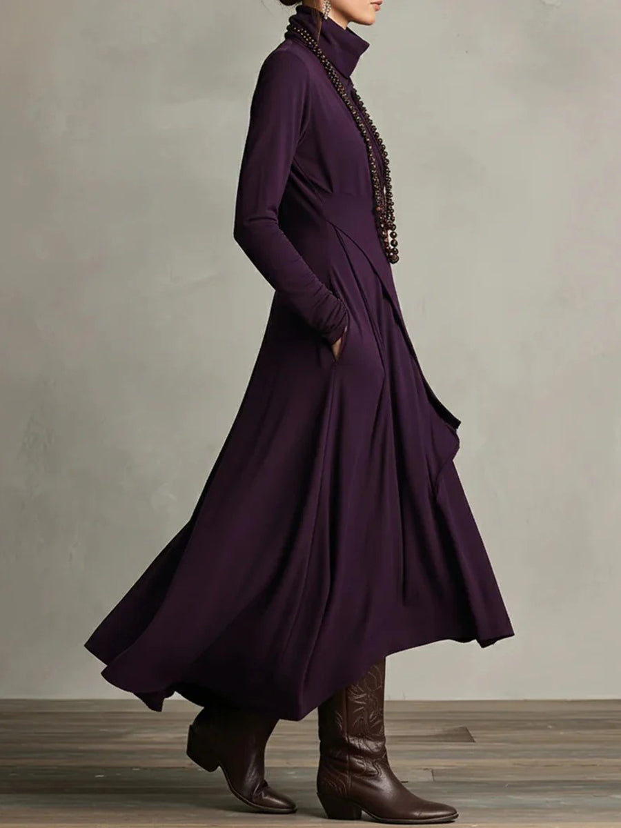 Daily Purple Mock Neck Long Sleeve Pocket Casual Asymmetric Hem Midi Dresses