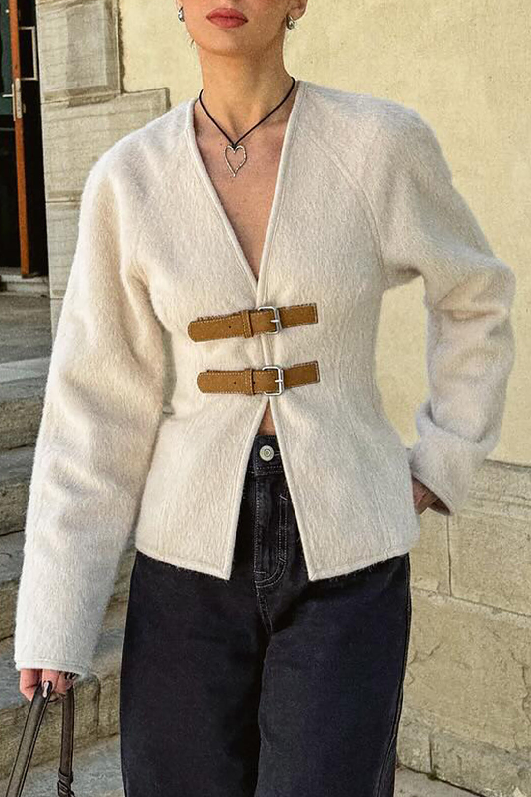 Solid Belted V-neck Jacket