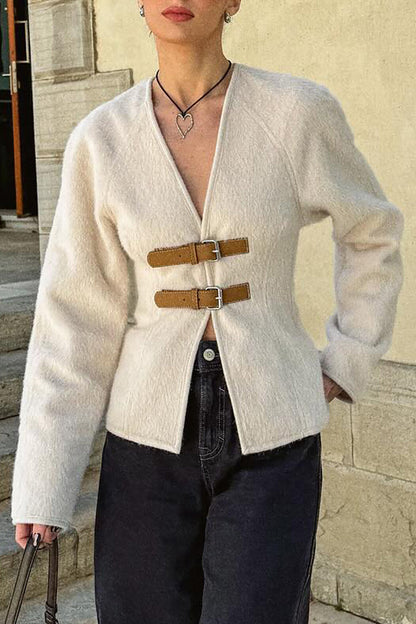 Solid Belted V-neck Jacket