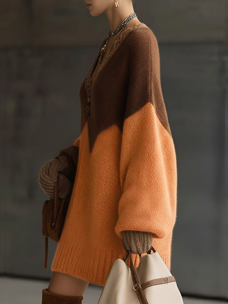 sheenchic Party Lace Brown Colorblock V Neck Lantern Sleeve Long Sleeve Contrast Boho Knitted Mini Dresses