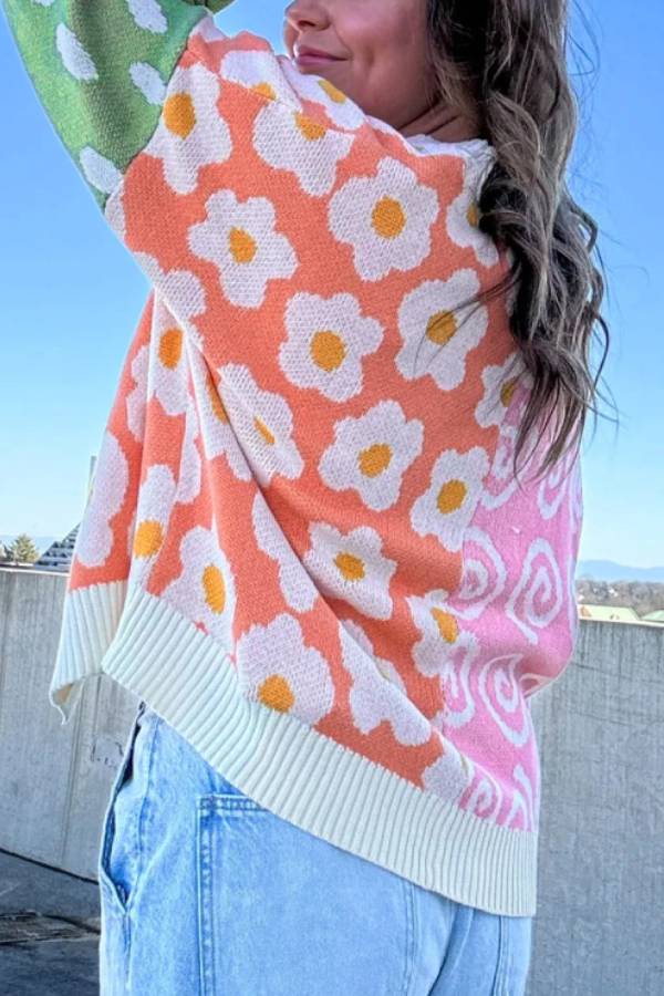 Orange Flower & Dotted Print Colorblock Open Front Cardigan