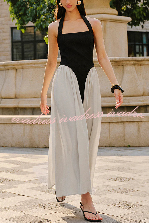 Fashion Contrast Color Stitching Sleeveless Backless Slim Maxi Dress