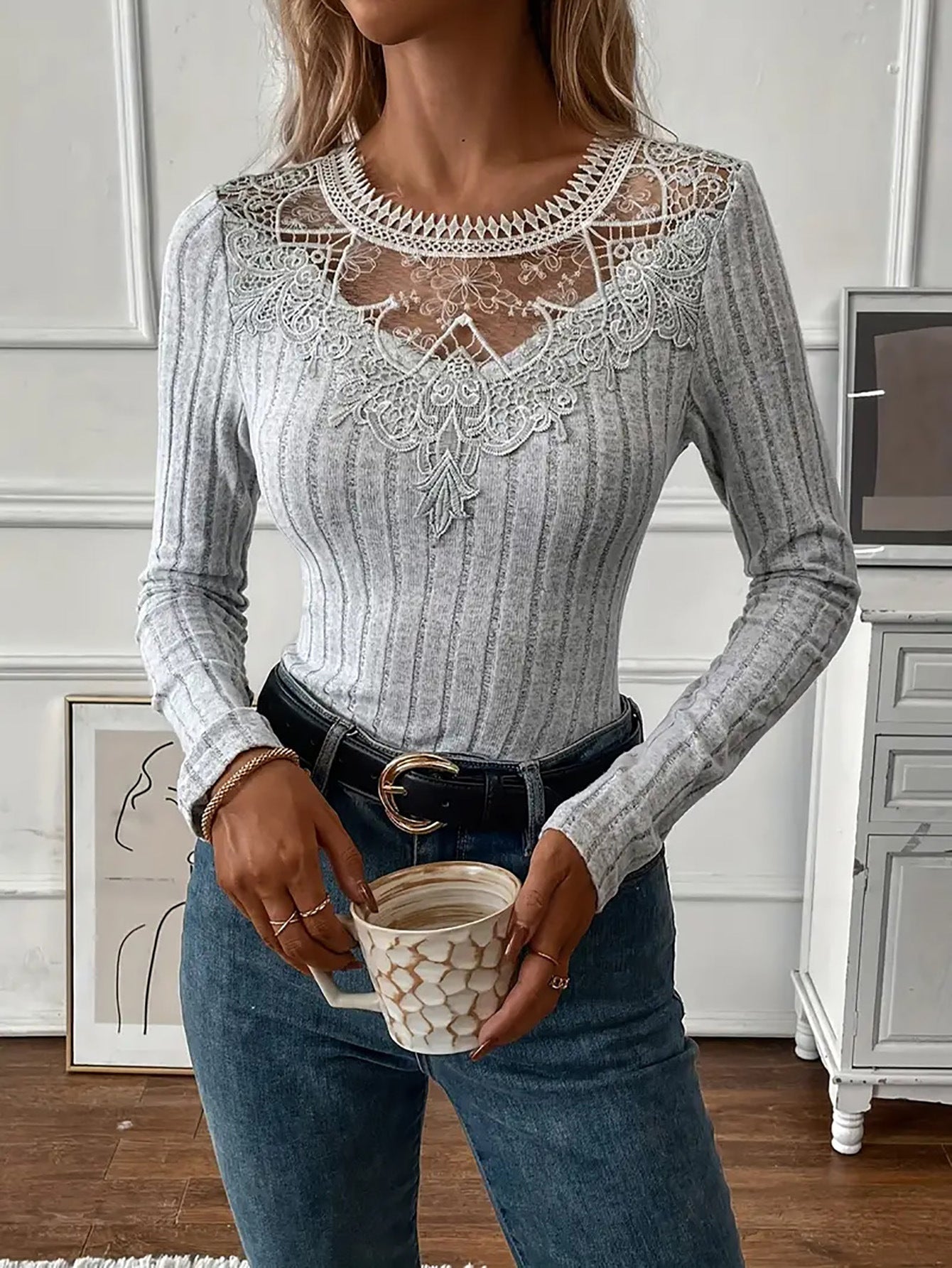 Valentines Grey Round Neck Long Sleeve Cut Out Casual Contrast Lace Blouses