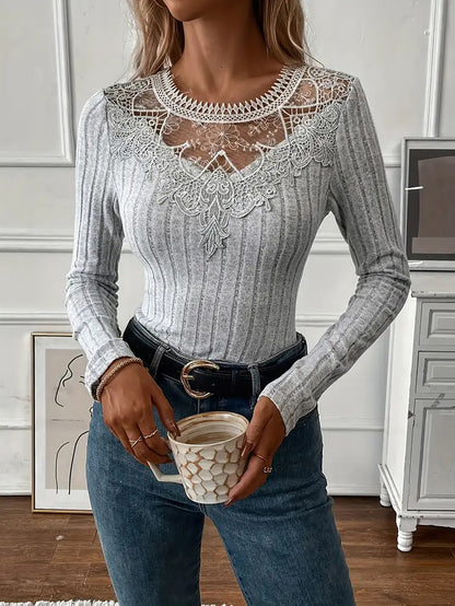Valentines Grey Round Neck Long Sleeve Cut Out Casual Contrast Lace Blouses