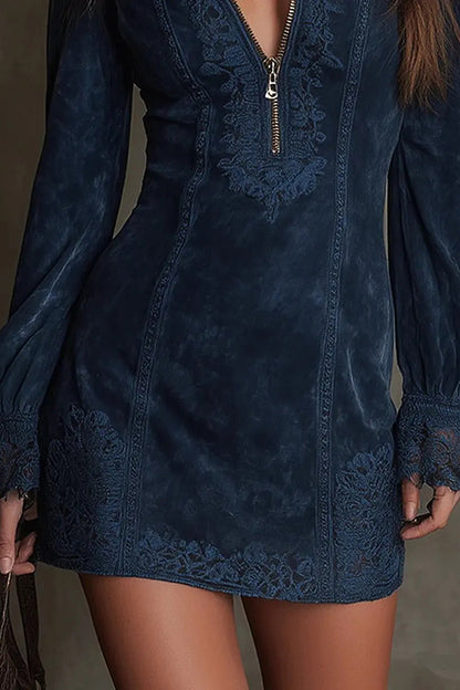 Elegante minivestido ajustado con patchwork de encaje bordado 