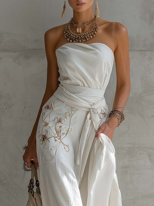 White Off Shoulder Embroidered Cotton Linen Jumpsuit