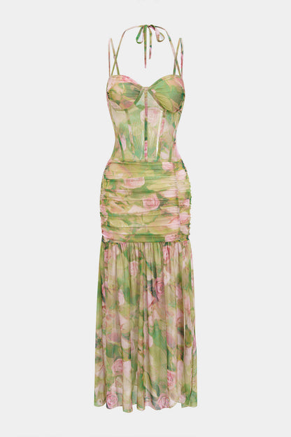 Floral Print Tie-Up Slip Split Sleeveless Midi Dress