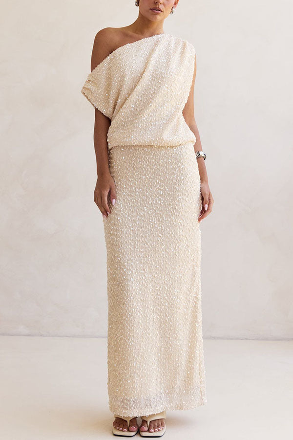 Milla Knit Sequin Asymmetrical Neck Draped Loose Top