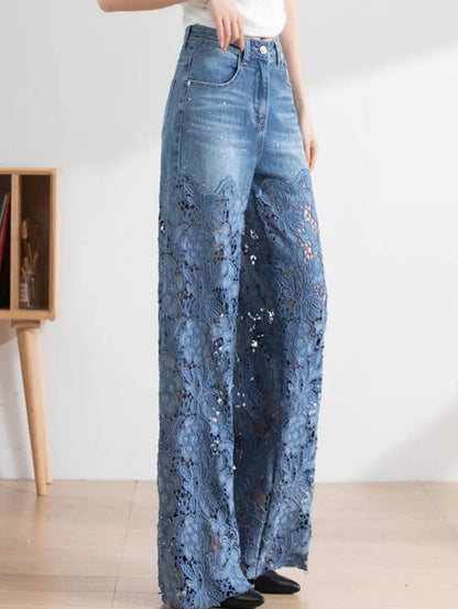 Fashion Rhinestone Denim Lace Patchwork High Waist Straight Leg Jeans
