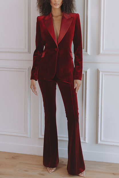 Delicate Daze Velvet Satin Lapel Button Up Long Sleeve Tapered Waist Blazer