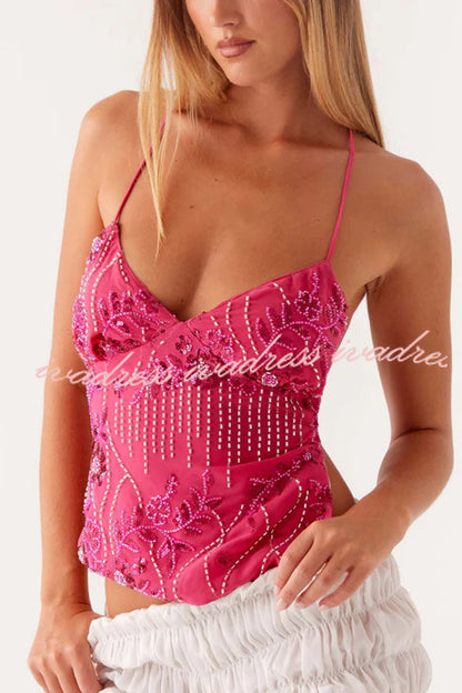 Dazzling Sequin Beaded Material Back Lace-up Loose Tank