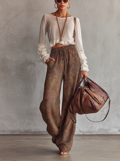 Bohemian Cropped Blouse And Paisley Wide-Leg Pants Set