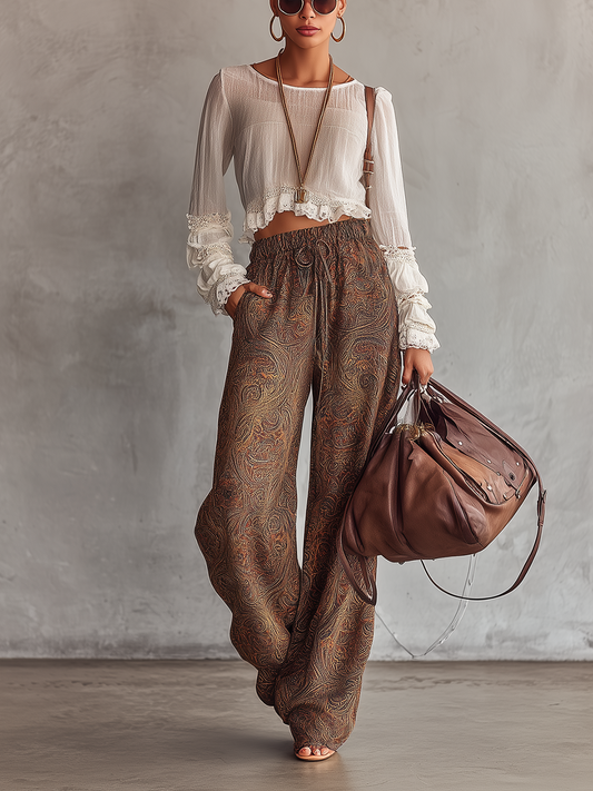 Bohemian Cropped Blouse And Paisley Wide-Leg Pants Set