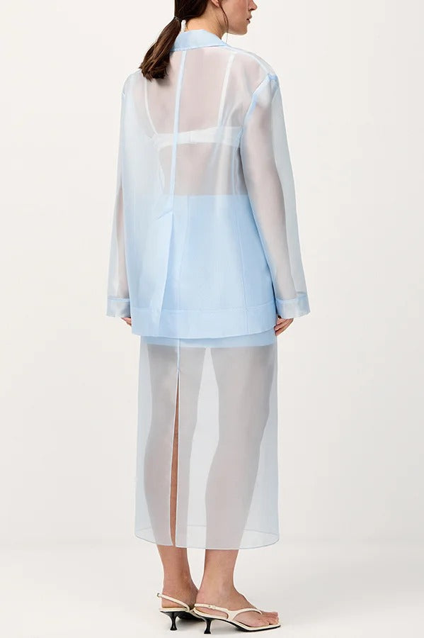 Simple and Light See-through Fabric Tie-up Long Sleeve Pocket Lapel Blazer