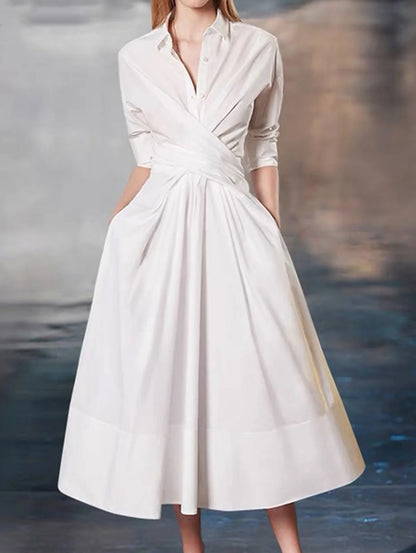 Elegant Wraped Pleated Button Long Sleeve Lapel A-Line Midi Dress