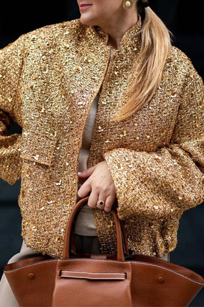 Sequined textured baseball collar short jacket