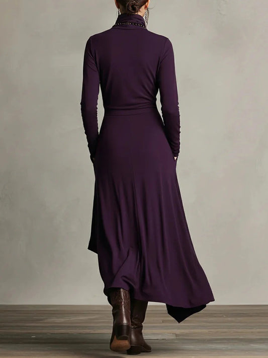 Daily Purple Mock Neck Long Sleeve Pocket Casual Asymmetric Hem Midi Dresses