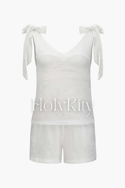Linen-Blend Knot Strap Tank Top And Shorts Set