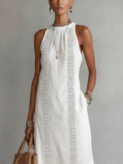 White Sleeveless Linen Midi Dress With Lace Insets And Side Slit