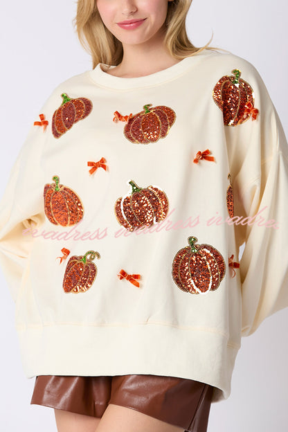 Sudadera informal holgada con bordado de calabaza colorida de Halloween 