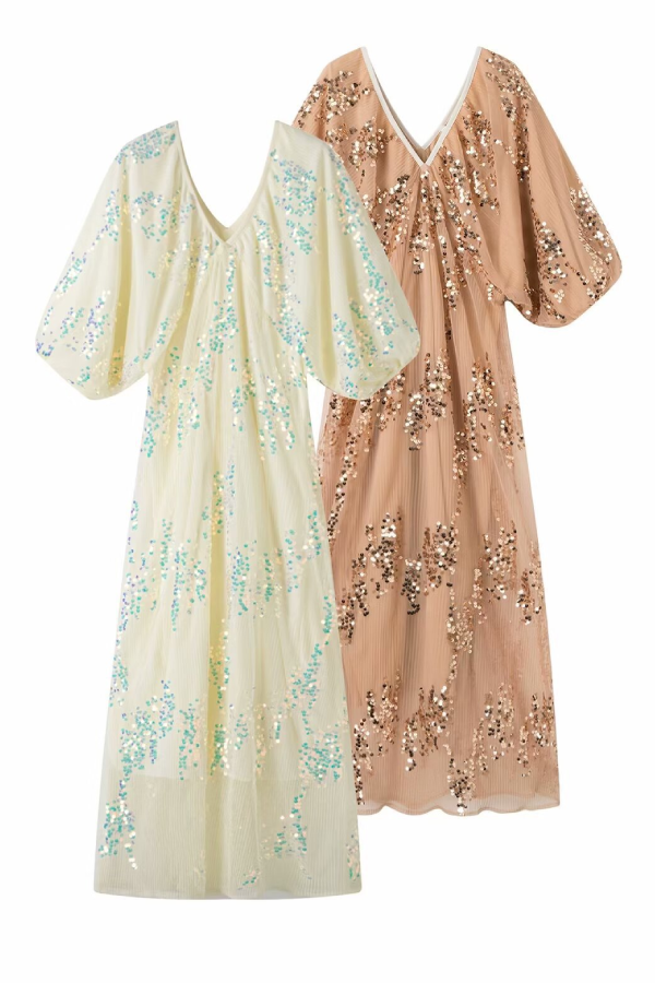 Batwing Sleeve Sequined Deep V Neck Long Dress