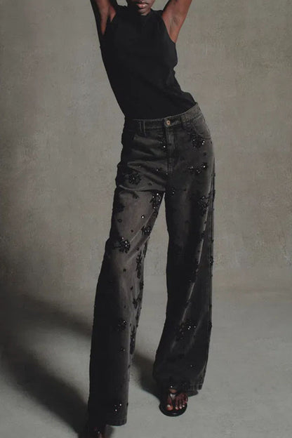 Jhenie Denim Beaded Sequin Floral Pattern Mid Rise Pocket Wide Leg Jeans