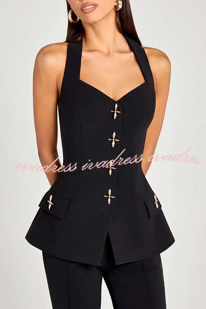 Women Power Metal Cross Snap Button Sweetheart Neck Wide Strap Vest