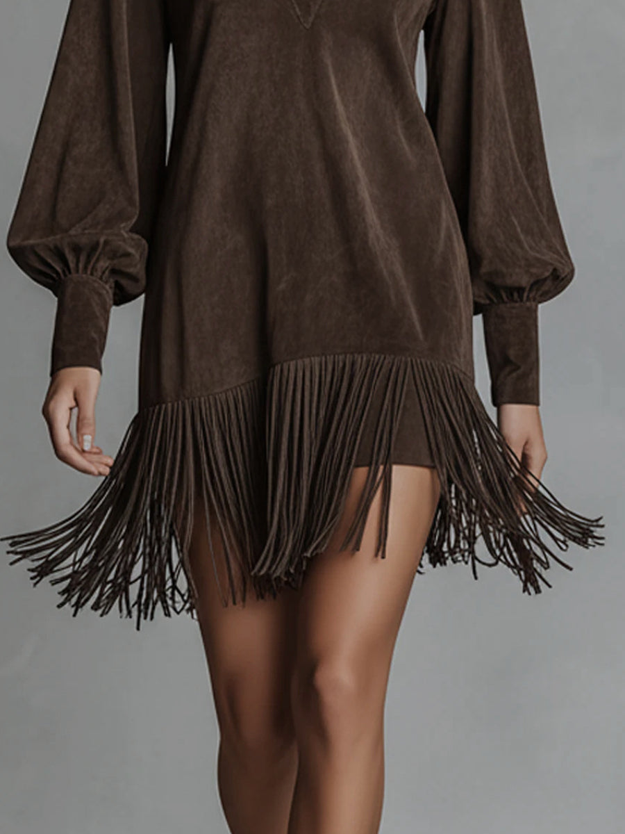 Daily Brown V Neck Lantern Sleeve Long Sleeve Strappy Western Contrast Chamois Mini Dresses