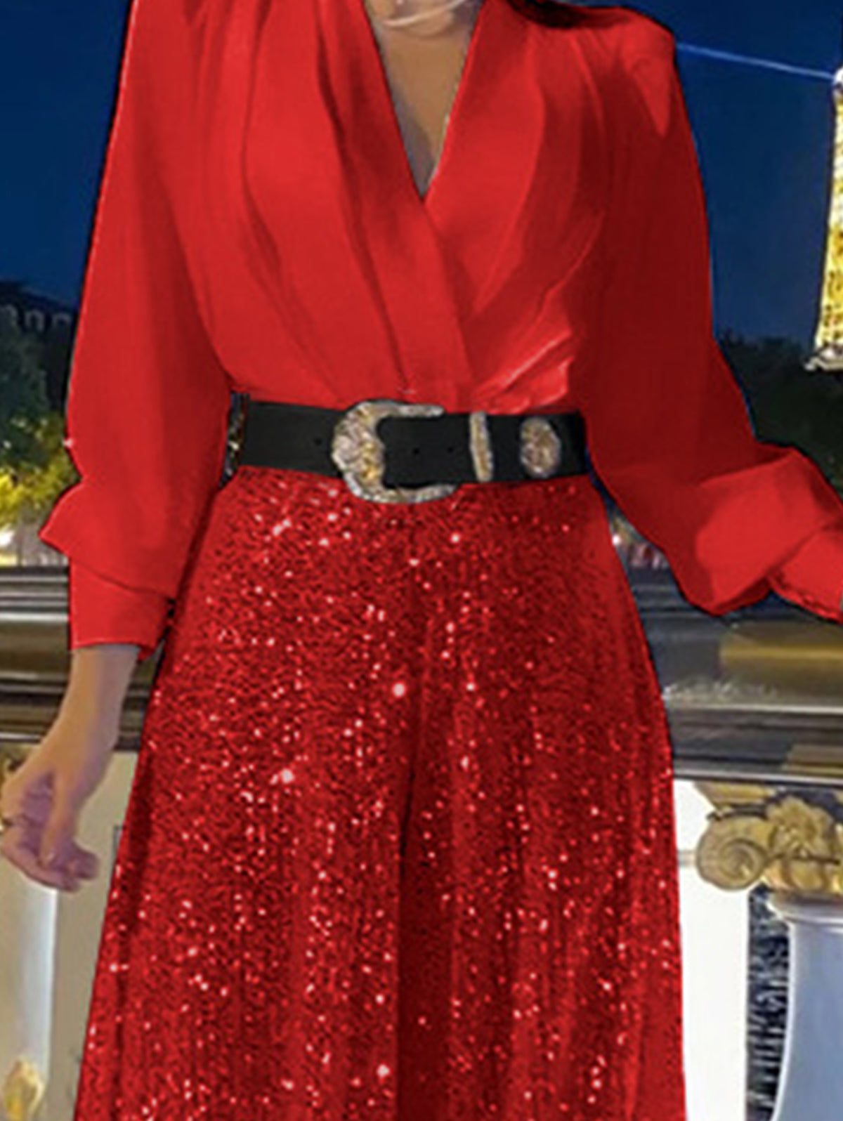 Elegant Sequins Wrap Long Sleeve Wide Leg Jumpsuit