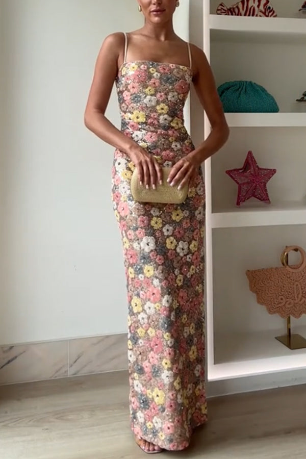 Vestido largo elástico con escote cuadrado y lentejuelas y estampado floral inspirado en los años 80 