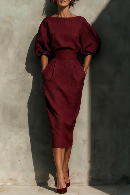 Elegante vestido midi informal con bolsillos, cintura alta y mangas abullonadas 