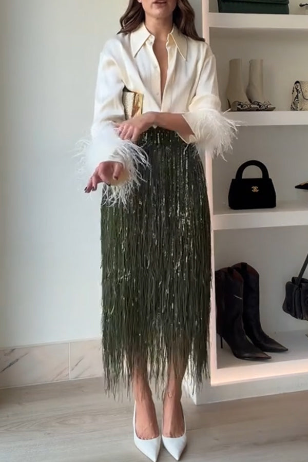 Party Crasher Layered Sequined Tassels High Rise Back Zipper Midi Skirt