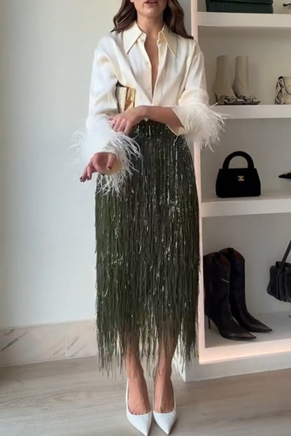 Party Crasher Layered Sequined Tassels High Rise Back Zipper Midi Skirt