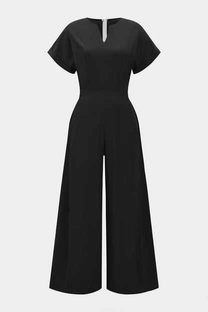 V-Neck Short Sleeve Zipper Jumpsuit