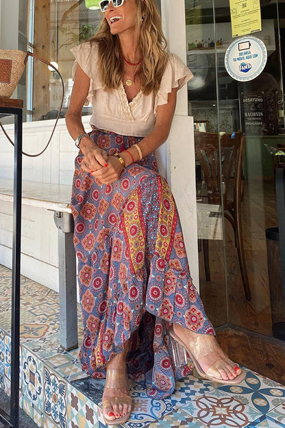 Falda larga con borlas y cintura elástica con estampado bohemio Audrina