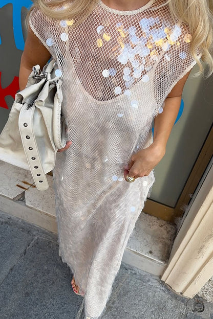 Like Gelato Sheer Large Sequin Short Sleeve Cover-up Maxi Dress
