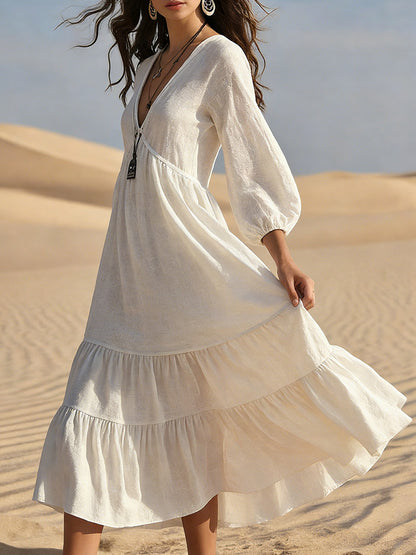 sheenchic Vacation Beige V Neck Puff Sleeve 3/4 Sleeve Ruffle Casual Linen Midi Dresses [Pre-Order]