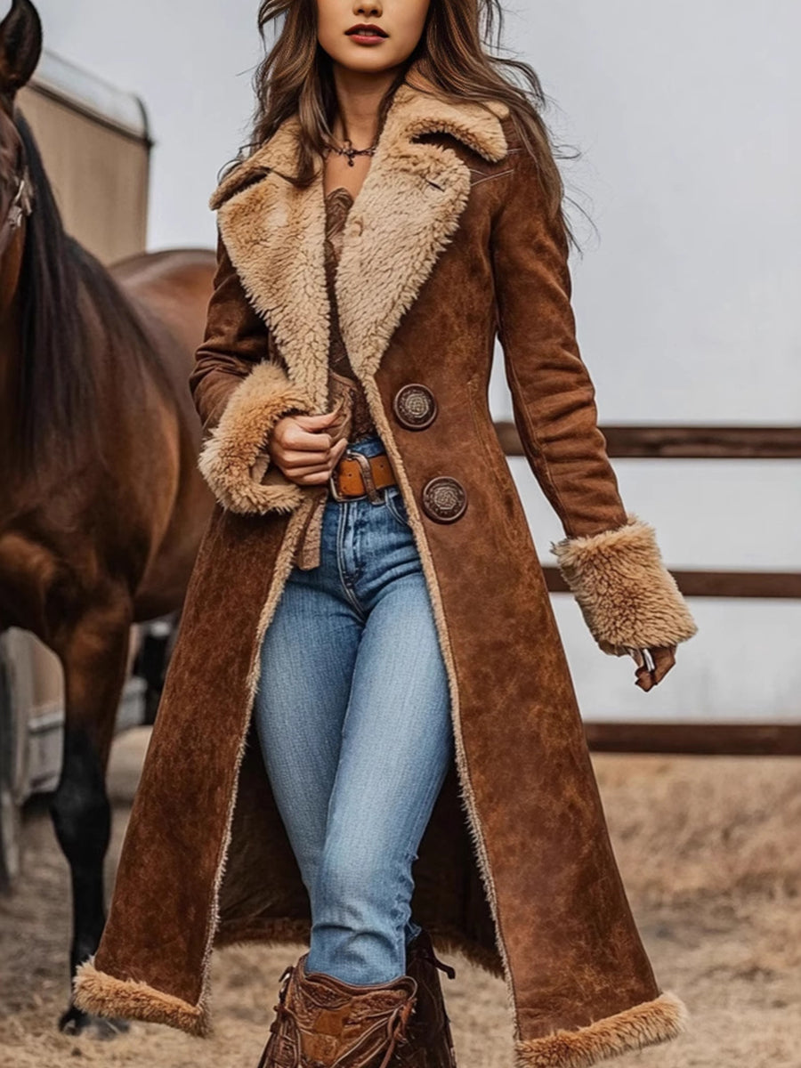 Daily Brown Turndown Collar Long Sleeve Button Western Contrast Faux Fur Chamois Coat