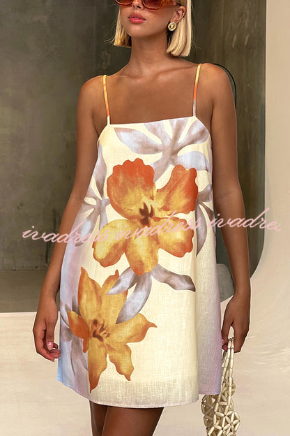 Vestido mini de corte en H con estampado floral de mezcla de lino Summer Surprise 