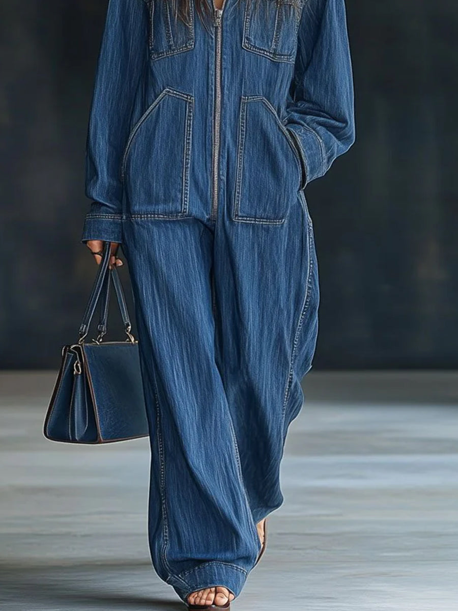 sheenchic Daily Blue Hooded Long Sleeve Pocket Vintage Zipper Denim Jumpsuits